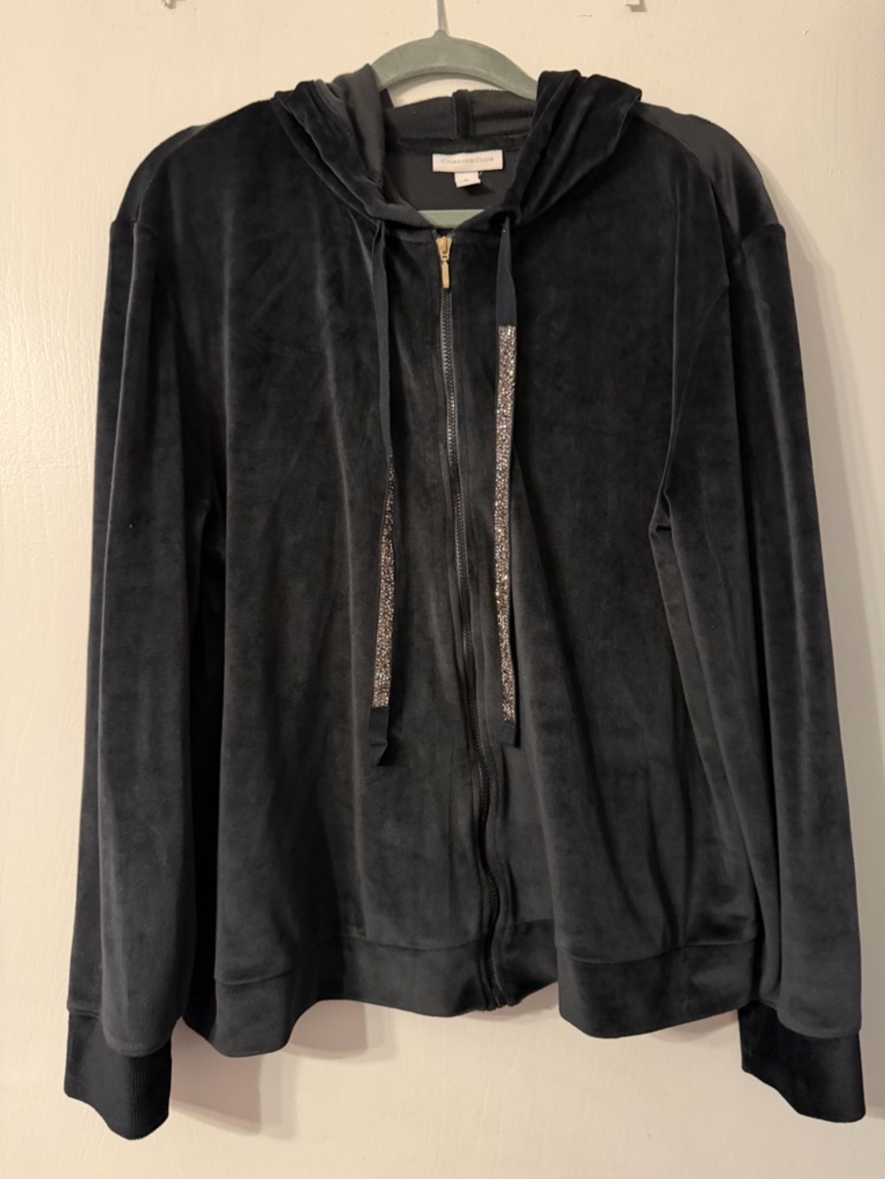 Charter Club Black Velour Zip Hoodie with Embellished Drawstrings Sz XL